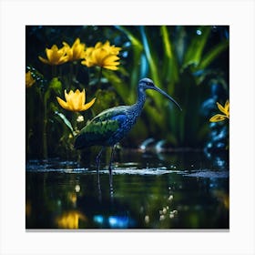 Long Beaked Blue and Green Bird with Yellow Flowers Canvas Print