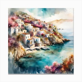 Watercolor Of Greek Village Canvas Print