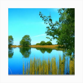 A Tranquil Lakeside Scene Where The Azure Waters Mirror The Cerulean Sky And The Reeds Sway Gently Canvas Print