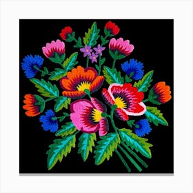 Grandmommy Flowering Bouquet - Poppy Cornflower Violet - Green Leaves - Blossom - Satin Stitch Obereg Embroidery from my Grandma - on Black Canvas Print