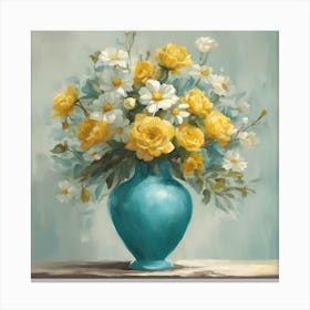 Yellow Roses In A Blue Vase Canvas Print