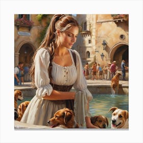 Lady And Her Dogs Canvas Print