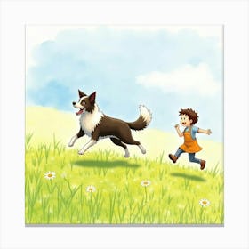 Lively Border Collie And A Child Running Through A Watercolor Meadow 1 Canvas Print