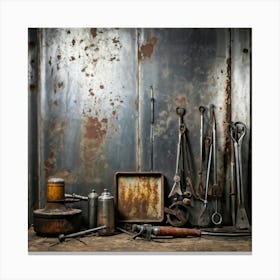 A Collection Of Vintage Industry Tools Scattered In The Foreground Features Highlighted By A Grungy 2 1 Canvas Print