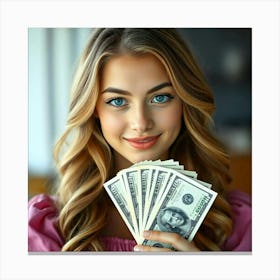 Beautiful Woman Holding Money 10 Canvas Print