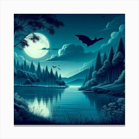 Bats Flying Over Lake At Night Canvas Print