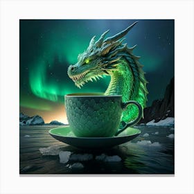 Firefly Green, Dragon, Coffee, Cup, Iceberg, Ocean, Artic, Background, Northern Lights, Hyper Realis (11) Canvas Print