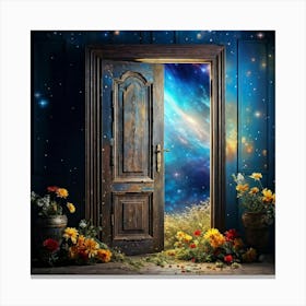 An Aged Wooden Door Rich With The Grooves Of Time Is Ajar In A Wall Adorned With Wallpaper Boastin (1) Canvas Print