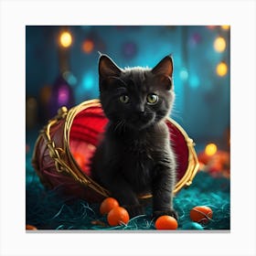 Cute Black Kitten In Basket Canvas Print