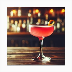 A beautiful, refreshing, and delicious pink cocktail with an orange twist, sitting on a wooden bar counter against a blurred background of a bar with bottles and glasses Canvas Print