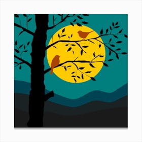 Birds Little Birds Animals Silhouettes Tree Branches Landscape Sky Moon Night Darkness Nature Stylized Cards Background Minimalist Free Images Night Sky Free Illustrations Canvas Print