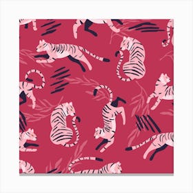 Pink Tiger Pattern On Viva Magenta With Floral Decoration Square Canvas Print