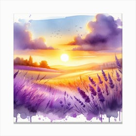 Beautiful and Relaxing - Watercolor Painting of a Lavender Field and a Sunset Sky Canvas Print