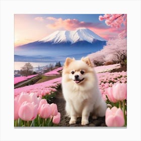 Cute Dog in Pink tulips Canvas Print