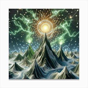 3 Dimensional Mountains With Multiple Green Lightning And White Swirls In A Vortex 2 Canvas Print