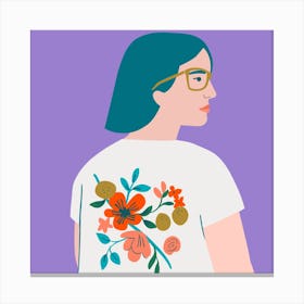 Girl With Flower Shirt Square Canvas Print