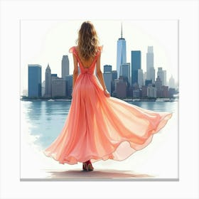 Chic Dress Watercolor, With A Modern City Skyline Backdrop 1 Canvas Print