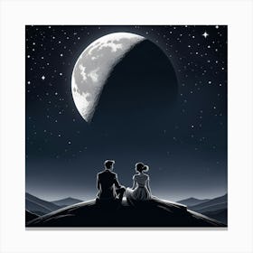 Couple Looking At The Moon, A Single Elegant Line Drawing Of A Men And Woman Art Of Sitting To Gather Alone Back Side Canvas Print