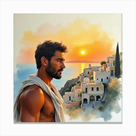 Captivating Greek Man In Watercolor, With The Sun Setting Over A Historic Village 1 Canvas Print