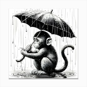 Monkey Holding An Umbrella In The Rain, Ink Drawing 3 Canvas Print