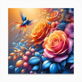 Colorful Roses And Birds Canvas Print