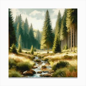 Stream In The Forest, Acrylic Painting Style 4 Canvas Print