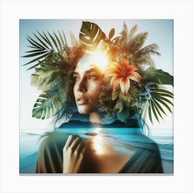 Double Exposure Tropical Dreamscape Portrait Of A Woman On The Beach Canvas Print