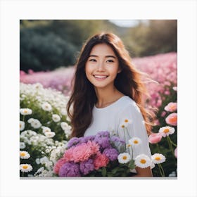 Beautiful Asian Woman In A Flower Field Canvas Print