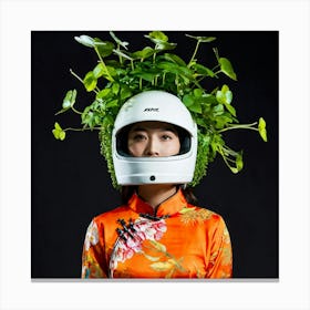 Portrait Captivating Individual Adorned With A Glowing Futuristic Helmet Encasing Luminous Vivid Canvas Print