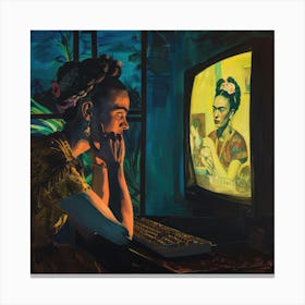 Digital Frida Series. Frida Kahlo at Her Computer at Night 1 Canvas Print