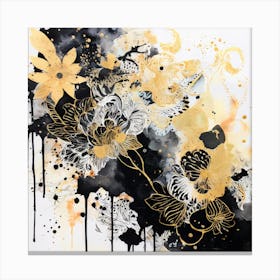 Black And Gold, Abstract Floral Painting, Design An Eclectic Collage With Overlapping Layers Of Lace Watercolor Splatters And Black Canvas Print