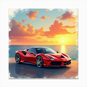 A Ferrari With A Watercolor Sunrise Over A Calm Sea Horizon 1 1 Canvas Print