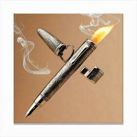 A Vintage Inspired, Ornate Pen With An Intricately Carved Antique Silver Body And A Delicate Clip, Transformed Into A Functional Lighter, Suspended In Mid Air Against A Warm, Beige Background 2 Canvas Print