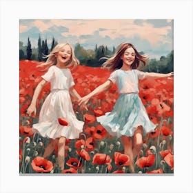 Two Girls In A Poppy Field Canvas Print