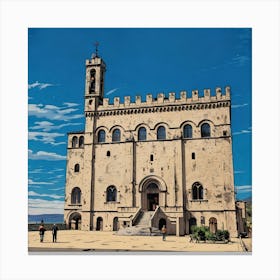 Palazzo dei Consoli (Palace of the Consuls) in Gubbio. A beautifully preserved medieval-style building with intricate stonework and arched windows under a vibrant blue sky. Its towering presence, complete with a clock tower, dominates a sunlit square where visitors stroll and admire the architecture. The scene captures the charm and history of a European town center. 3 Canvas Print