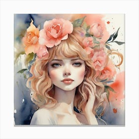 Watercolor Girl With Flowers 1 Canvas Print