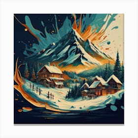 Abstract painting of a mountain village with snow falling 7 Canvas Print