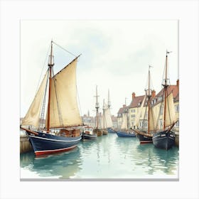 An English Fishing Harbor With Boats And Fishermen, Watercolor Painting Canvas Print