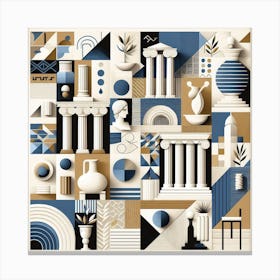 Greek Geometry: A Cubist Collage of White, Blue, and Gold Shapes and Patterns Canvas Print