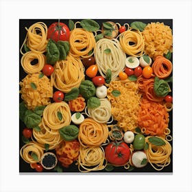 Pasta And Vegetables On Black Background Canvas Print