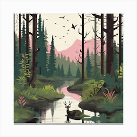 Forest Landscape, A Serene Forest Landscape With Wildlife Living In Harmony Canvas Print