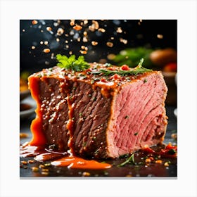 Steak With Sauce On A Black Background Canvas Print