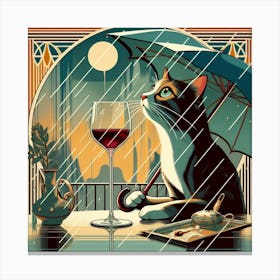 Cat Drinking Wine In The Rain 4 Canvas Print