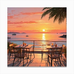 Sunset Outdoor Cafe Area At Beach Ocean Lake Art Print (2) Canvas Print