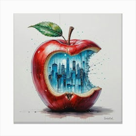 Stunning pen and watercolor sketch with a touch of oil painting. The centerpiece is a red apple, from which a bite in the form of a New York city has been taken. The city is filled with azure luminous glass, casting a mesmerizing glow Canvas Print