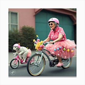 Grandma And Her Pet Cat Riding Bicycles 1 Canvas Print