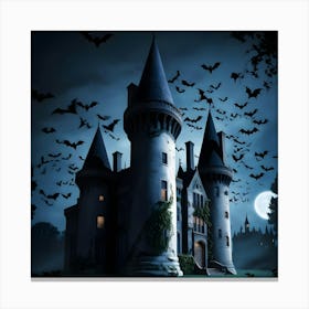 A Foreboding American Gothic Style Castle Stands Tall Amidst An Eerie, Moonless Night, Its Turrets And Spires Silhouetted Against A Dark, Gradient Blue Sky, With A Flurry Of Bats Taking Flight Around The Structure 1 Canvas Print