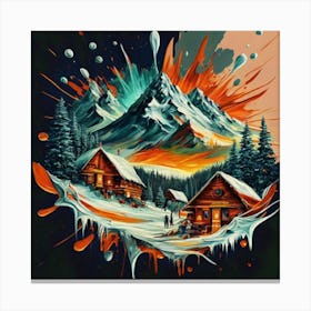 Abstract painting of a mountain village with snow falling 33 Canvas Print