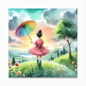 Little Girl With Rainbow Umbrella 1 Canvas Print