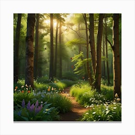 A Vibrant Springtime Forest With Fresh, Green Foliage And Blooming Flowers 1 Canvas Print